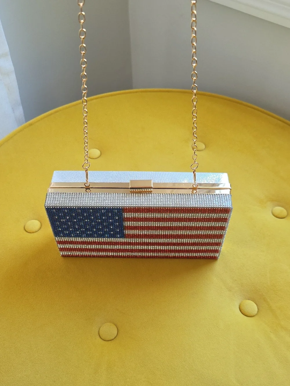 Crystal American Flag Box Clutch - Gold Chain